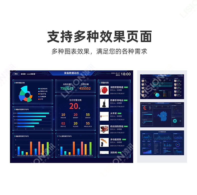 凌訊智能裝備庫(kù)裝備數(shù)據(jù)顯示平臺(tái)支持多種效果頁(yè)面，多種圖表展現(xiàn)效果，滿足您的各種要求