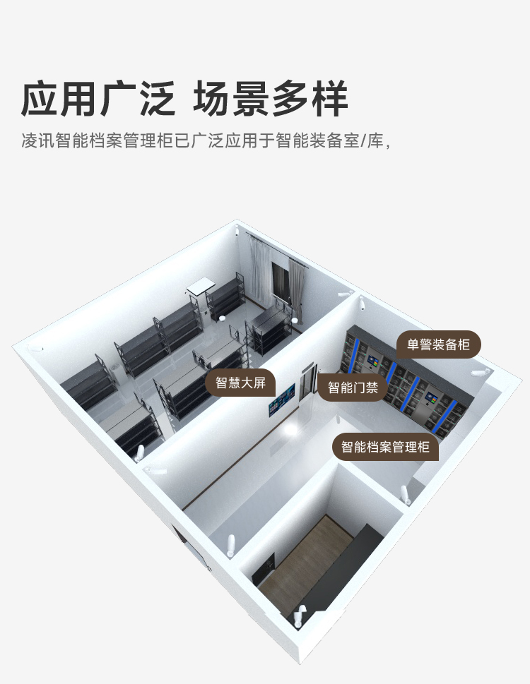 凌訊智能檔案管理規(guī)應(yīng)用廣泛、場景多樣，凌訊智能檔案文件管理柜已廣泛應(yīng)用于各類型裝備庫/室。