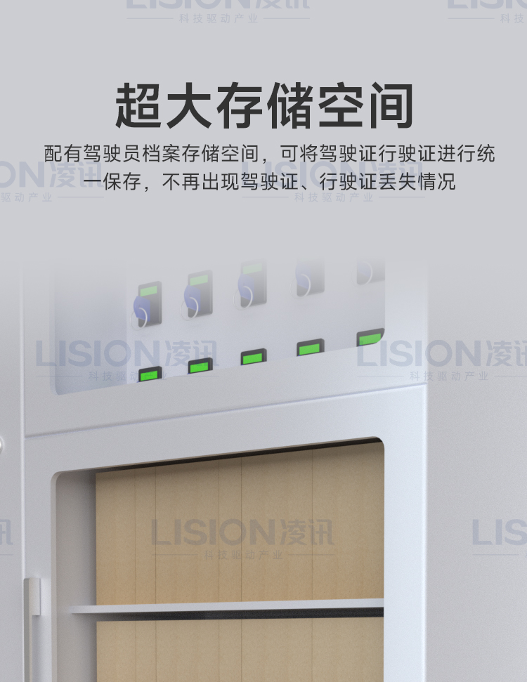 凌訊智能鑰匙柜具備超大存儲(chǔ)空間，配有駕駛員檔案存儲(chǔ)空間，可將駕駛證、行駛證進(jìn)行統(tǒng)一保存，不再出現(xiàn)駕駛證、行駛證丟失情況。