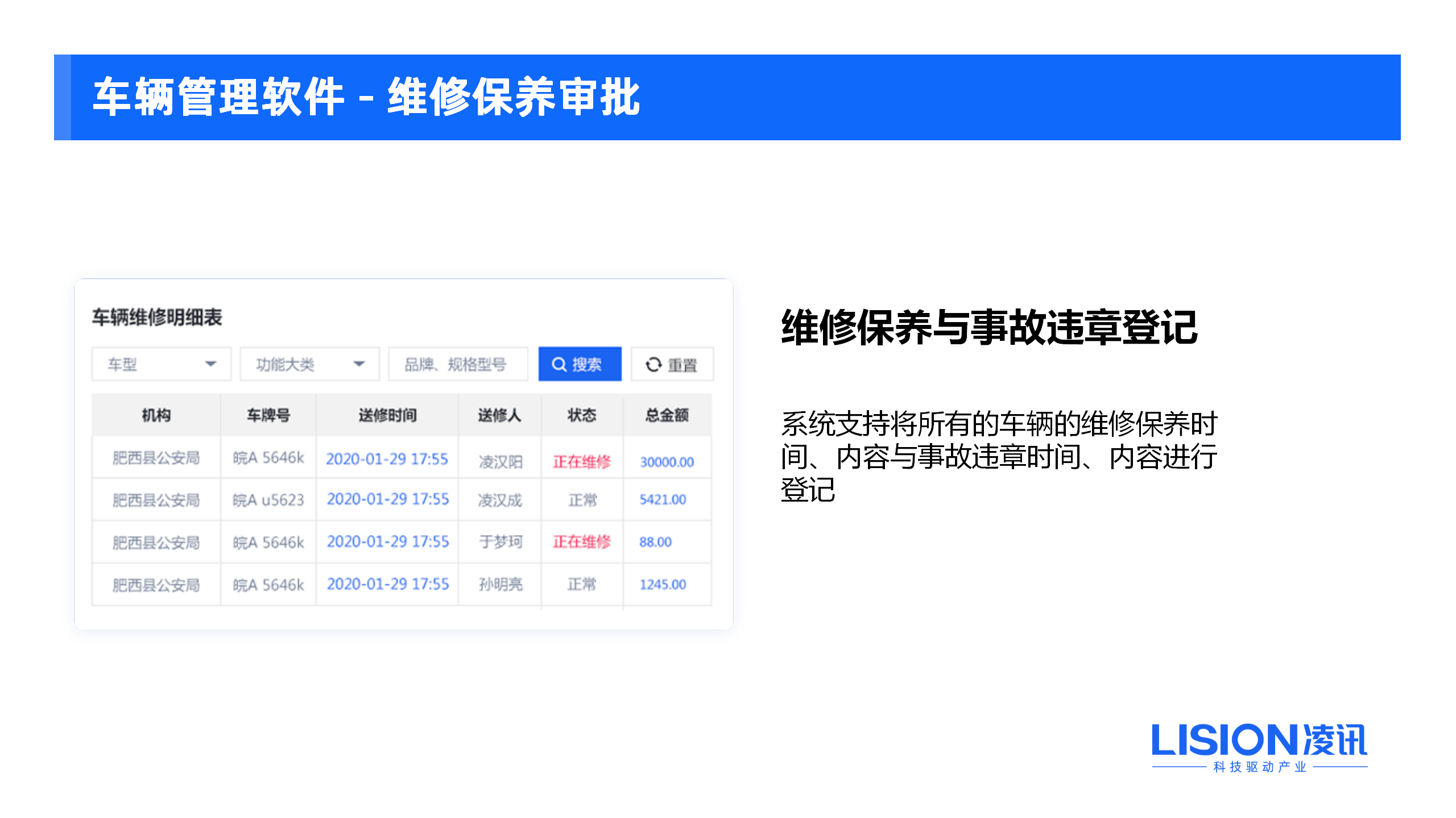 車輛裝備管理系統(tǒng)中的維修保養(yǎng)功能是一項(xiàng)重要的管理工具。通過(guò)該功能，可以記錄車輛的保養(yǎng)和維修情況，并提醒保養(yǎng)/維修周期的到期時(shí)間，保證車輛保養(yǎng)/維修的及時(shí)性，減少因延遲維修而可能導(dǎo)致的安全風(fēng)險(xiǎn)或損失。同時(shí)，該系統(tǒng)也可以自動(dòng)化生成維修工單，并記錄維修過(guò)程和費(fèi)用情況，提供決策依據(jù)，幫助管理人員快速制定安全、合理的計(jì)劃和投入預(yù)算。維修保養(yǎng)功能能夠?yàn)檐囮?duì)管理提供精細(xì)化、高效化的服務(wù)，提升車隊(duì)的維修保養(yǎng)效率和管理水平。